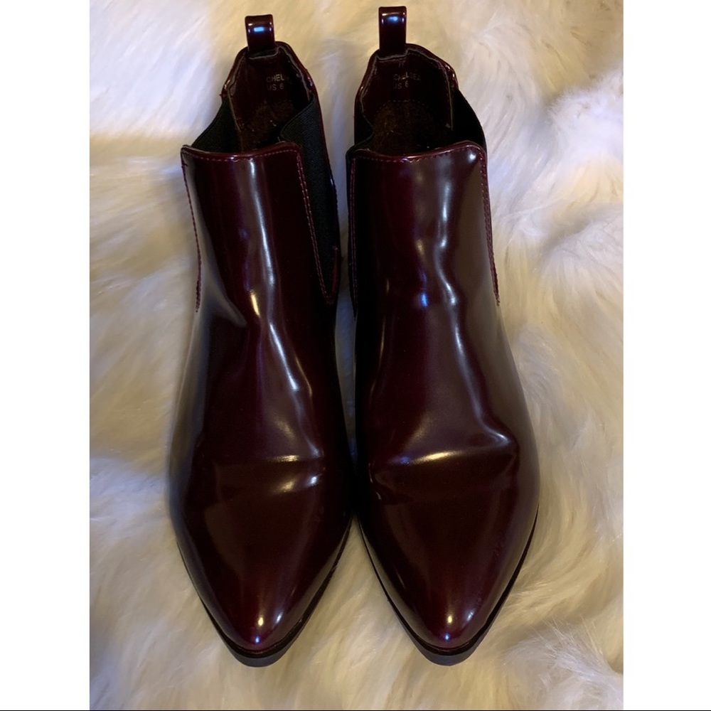 Patent Burgundy Pointed-Toe Chelsea Booties